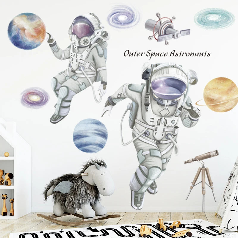 Space Astronaut Wall Stickers for Kids Room Kindergarten Wall Decoration Removable Vinyl PVC Cartoon Wall Decals Home Decor