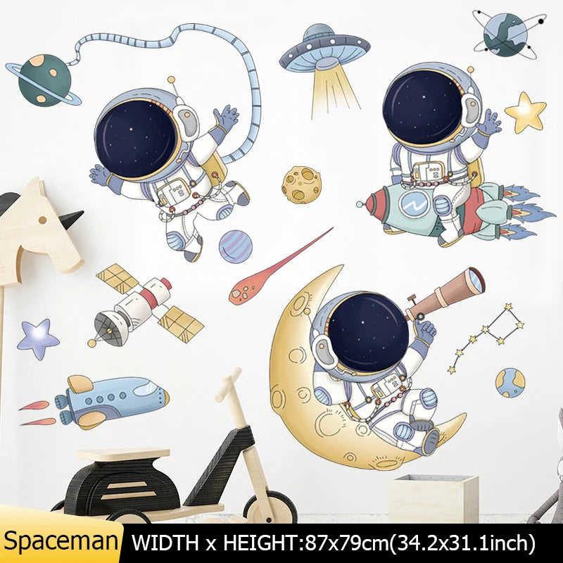 Space Astronaut Wall Stickers for Kids Room Kindergarten Wall Decoration Removable Vinyl PVC Cartoon Wall Decals Home Decor