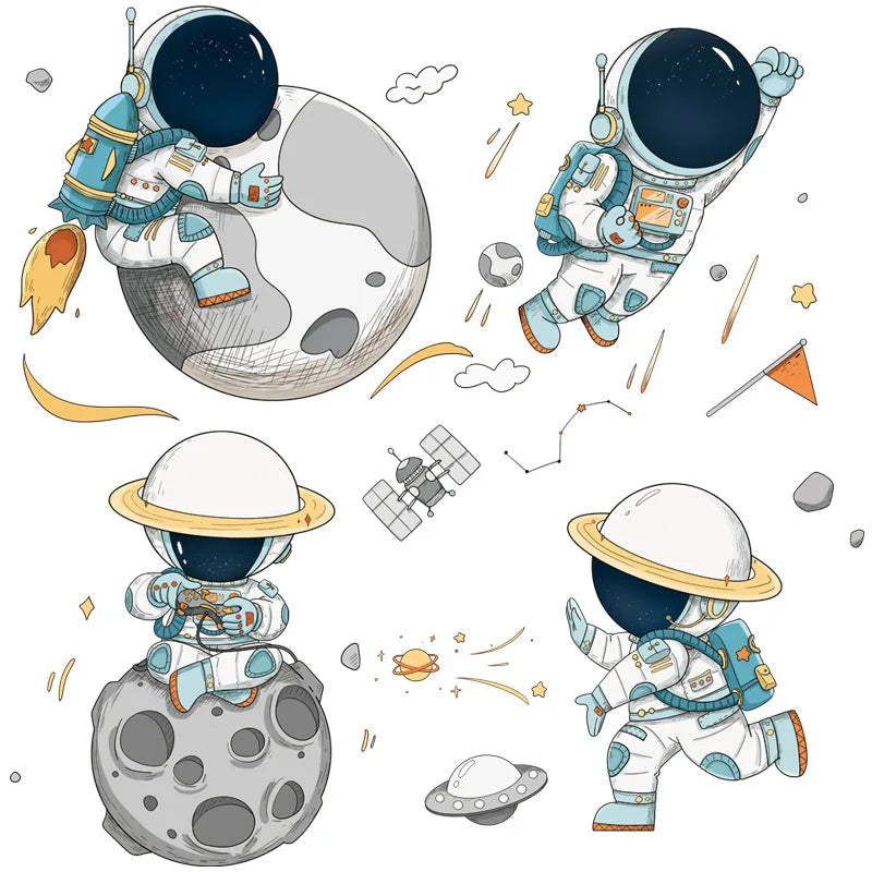 Space Astronaut Wall Stickers for Kids Rooms Nursery Wall Decoration Spaceship Vinyl DIY Wall Decals Art Murals Home Wall Decor