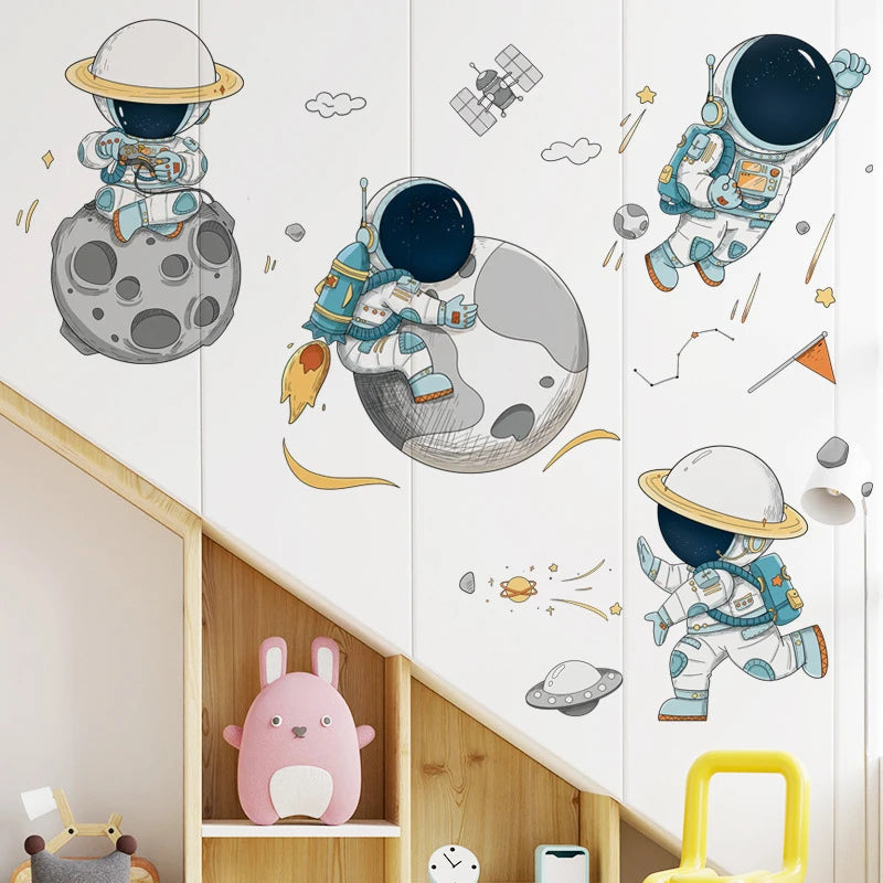 Space Astronaut Wall Stickers for Kids Rooms Nursery Wall Decoration Spaceship Vinyl DIY Wall Decals Art Murals Home Wall Decor