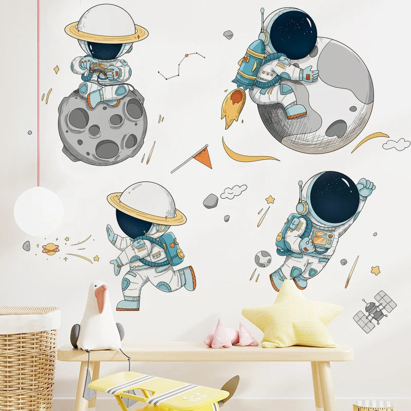 Space Astronaut Wall Stickers for Kids Rooms Nursery Wall Decoration Spaceship Vinyl DIY Wall Decals Art Murals Home Wall Decor