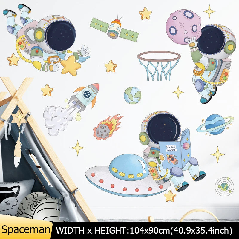 Space Astronaut Wall Stickers for Kids Room Kindergarten Wall Decoration Removable Vinyl PVC Cartoon Wall Decals Home Decor