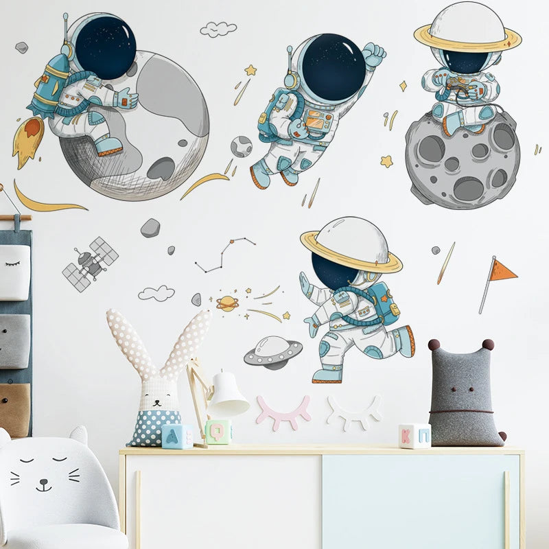 Space Astronaut Wall Stickers for Kids Rooms Nursery Wall Decoration Spaceship Vinyl DIY Wall Decals Art Murals Home Wall Decor