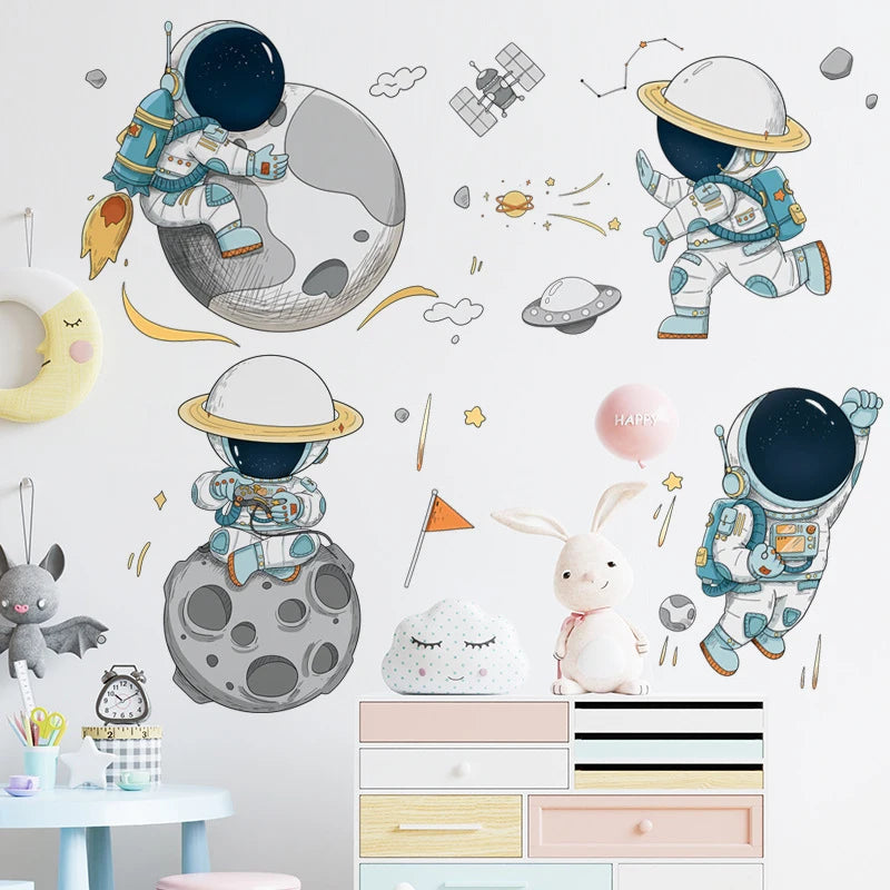Space Astronaut Wall Stickers for Kids Rooms Nursery Wall Decoration Spaceship Vinyl DIY Wall Decals Art Murals Home Wall Decor