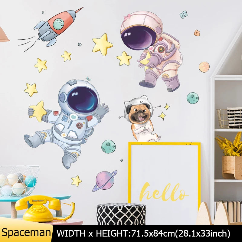 Space Astronaut Wall Stickers for Kids Room Kindergarten Wall Decoration Removable Vinyl PVC Cartoon Wall Decals Home Decor