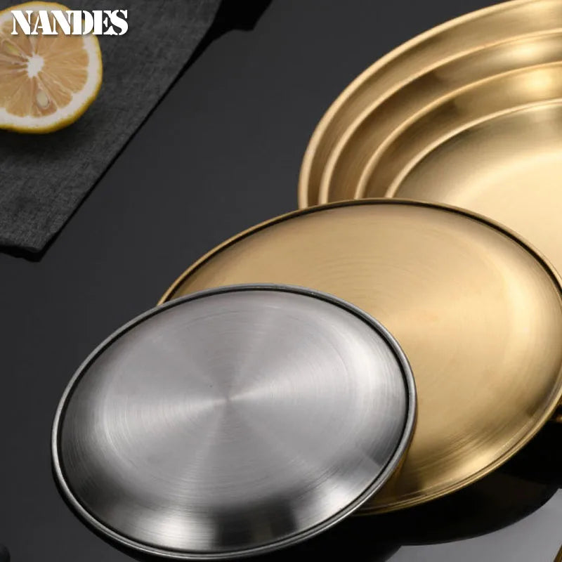 14/17/20/23/26/30CM Stainless Steel Bone Spitting Dish Gold Silver Shallow Tray Metal Dining Disc Round Plate Dessert Tableware - Erzan Home