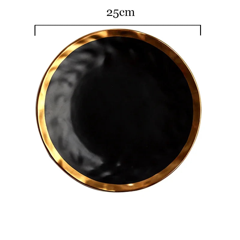 Europäischen Schwarz Gold Keramik Platte Westliche Küche Matte Goldene Hub Steak Pasta Teller Kreativität Retro Salat Gerichte