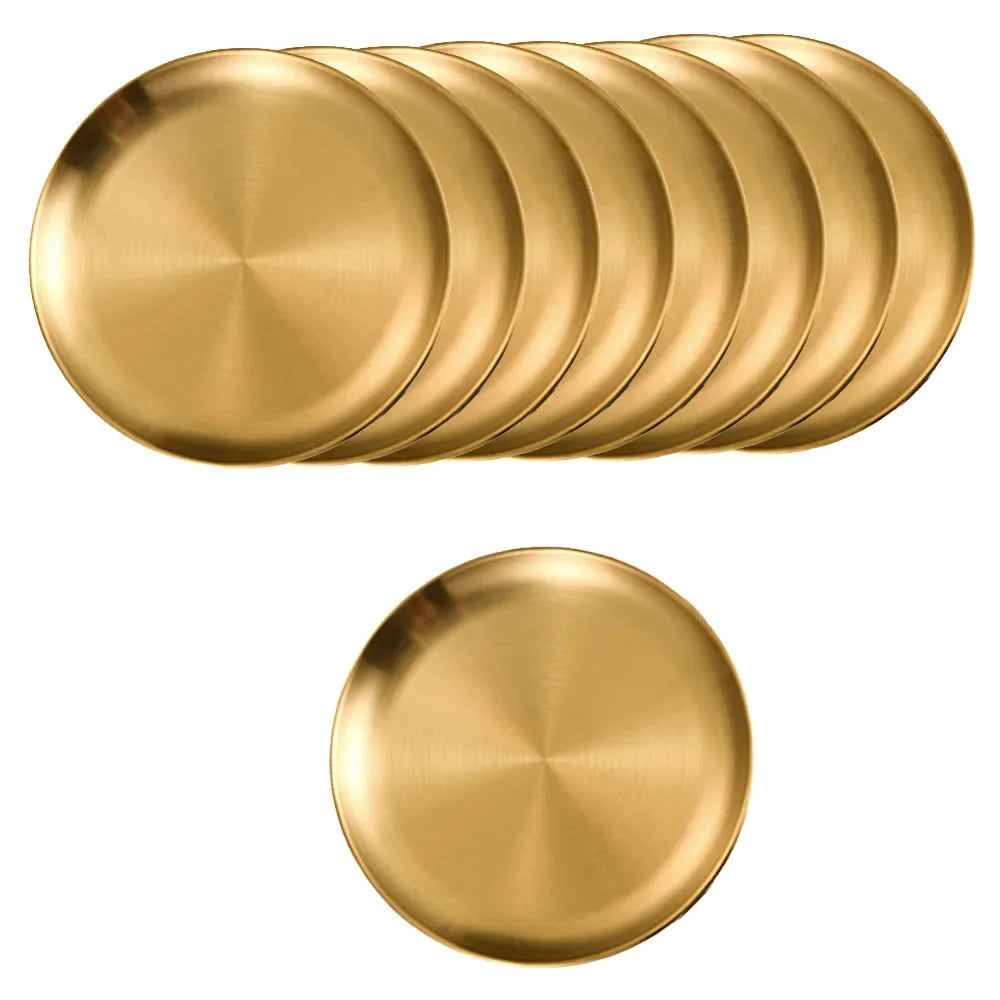 8Pcs 20/23/26cm Stainless Steels Golden Shallow Tray Plate Rust-Proof Round Camping Plate BBQ Picnic Dishes Cookware