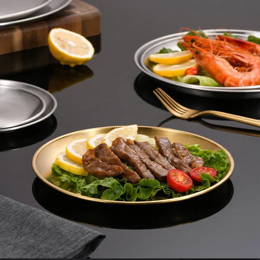 8Pcs 20/23/26cm Stainless Steels Round Plate Rust-Proof Shallow Tray Plate Camping Plate BBQ Picnic Dishes Cookware - Erzan Home