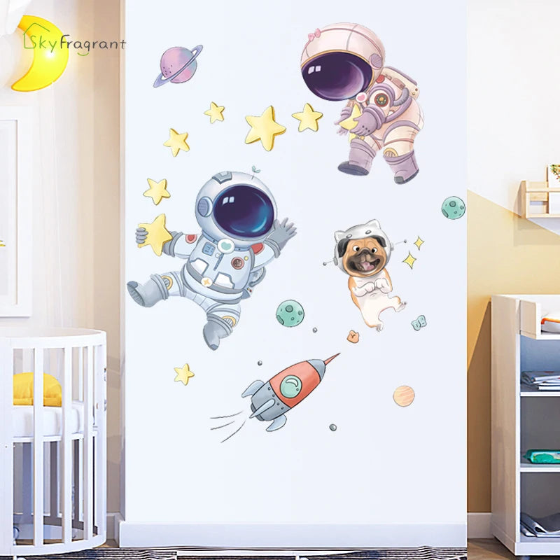 Creative Cartoon Astronaut Wall Stickers For Kids Rooms Baby Boy Bedroom Wall Decoration Home Decor Self-adhesive Vinyl Stricker