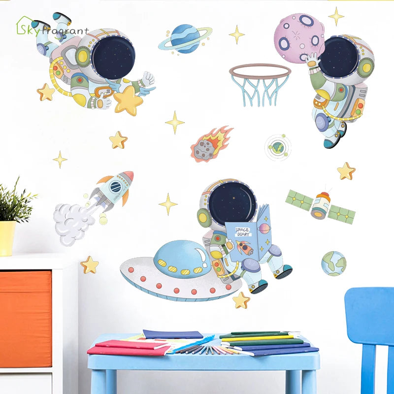 Creative Cartoon Astronaut Wall Stickers For Kids Rooms Baby Boy Bedroom Wall Decoration Home Decor Self-adhesive Vinyl Stricker