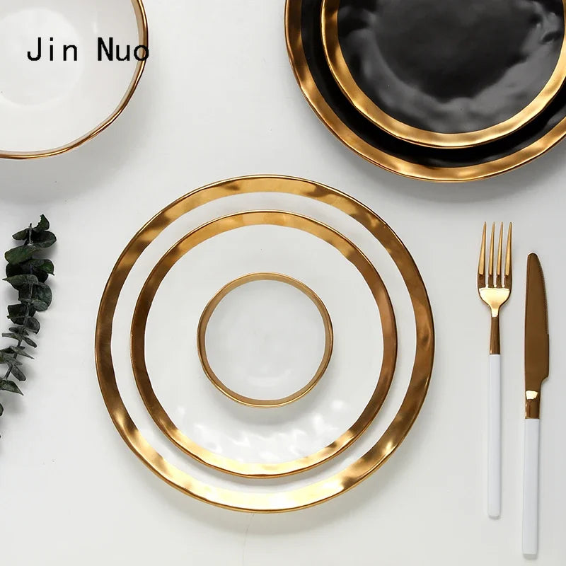 Europäischen Schwarz Gold Keramik Platte Westliche Küche Matte Goldene Hub Steak Pasta Teller Kreativität Retro Salat Gerichte