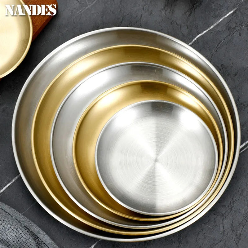 14/17/20/23/26/30CM Stainless Steel Bone Spitting Dish Gold Silver Shallow Tray Metal Dining Disc Round Plate Dessert Tableware - Erzan Home