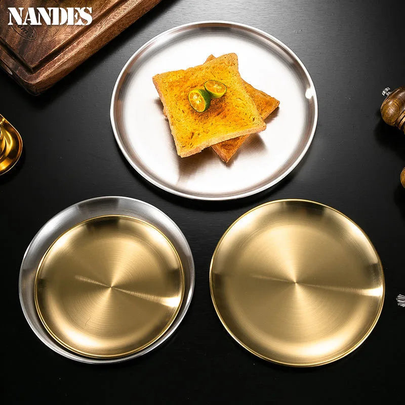 14/17/20/23/26/30CM Stainless Steel Bone Spitting Dish Gold Silver Shallow Tray Metal Dining Disc Round Plate Dessert Tableware - Erzan Home