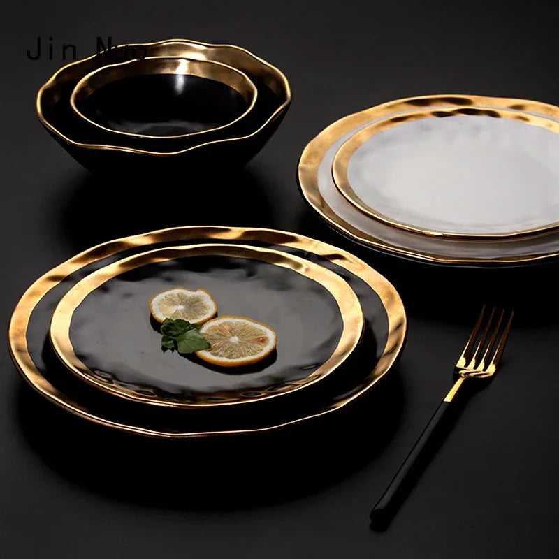 Europäischen Schwarz Gold Keramik Platte Westliche Küche Matte Goldene Hub Steak Pasta Teller Kreativität Retro Salat Gerichte
