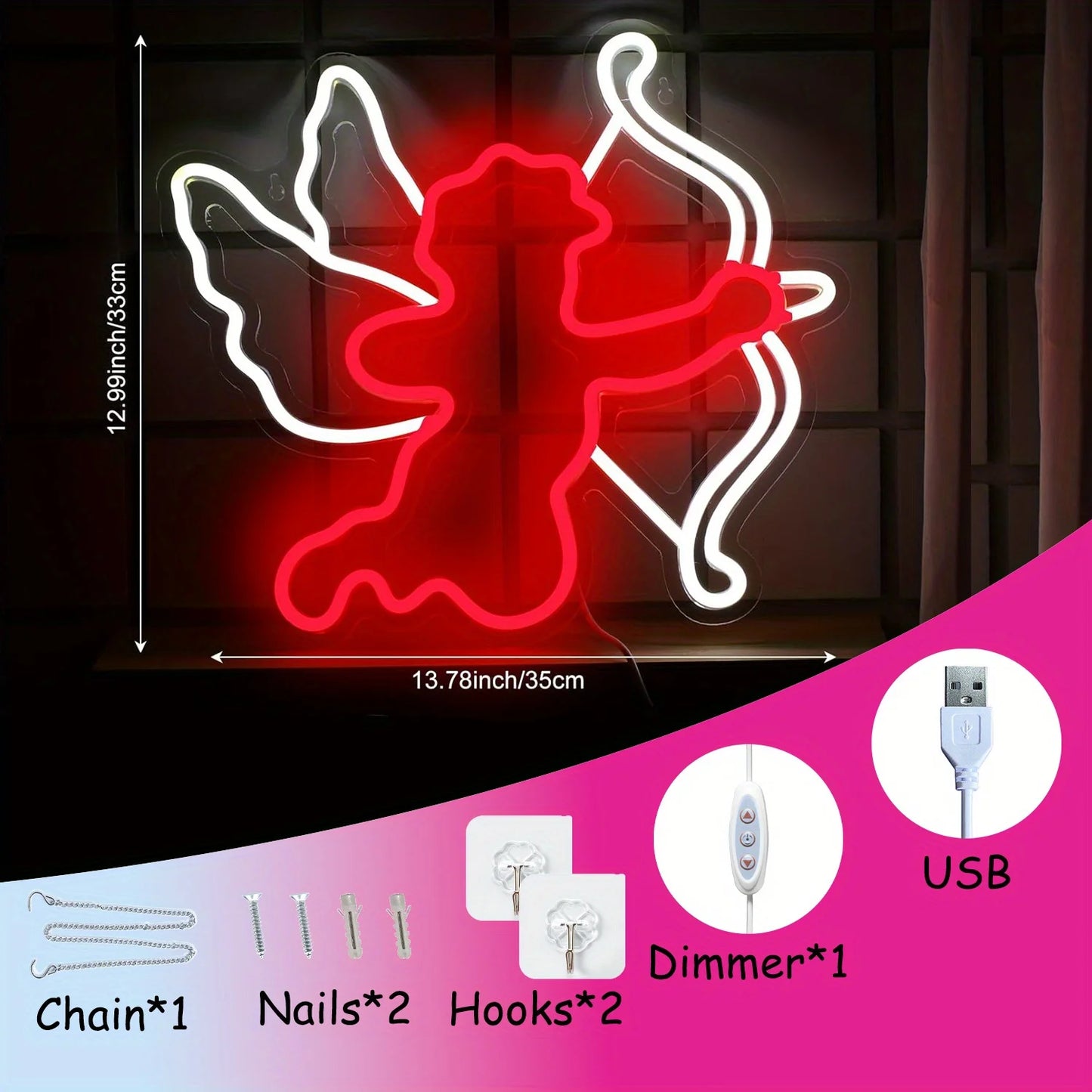 Cupid LED Neon Light - USB Powered, With Dimmer, Adjustable Brightness, Perfect for Bedrooms, Living Rooms, Romantic Decor