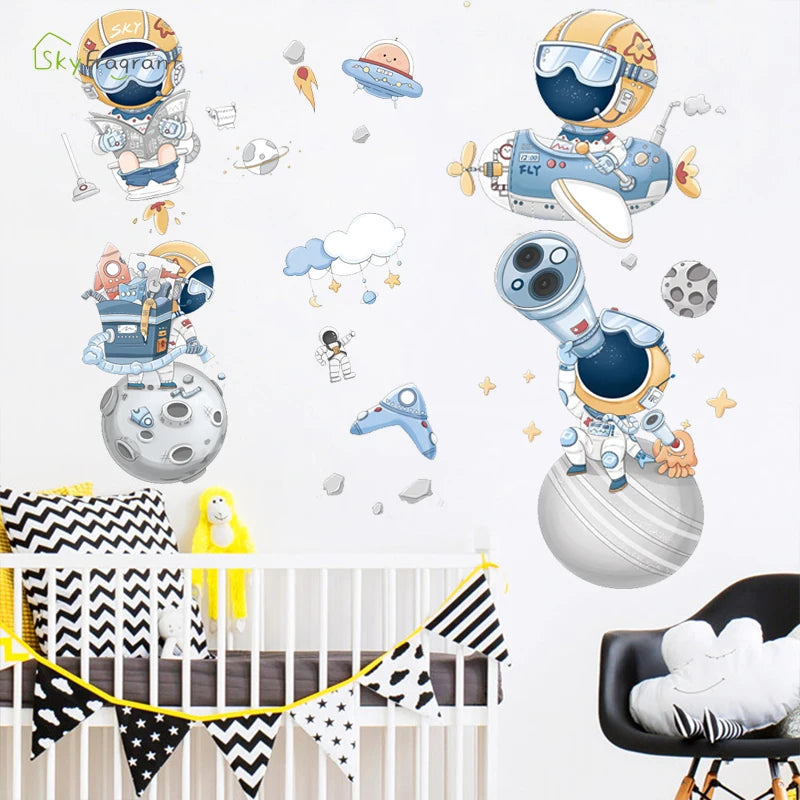 Creative Cartoon Astronaut Wall Stickers For Kids Rooms Baby Boy Bedroom Wall Decoration Home Decor Self-adhesive Vinyl Stricker
