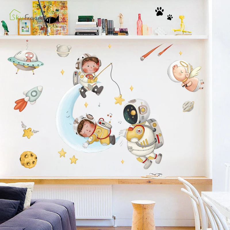 Creative Cartoon Astronaut Wall Stickers For Kids Rooms Baby Boy Bedroom Wall Decoration Home Decor Self-adhesive Vinyl Stricker