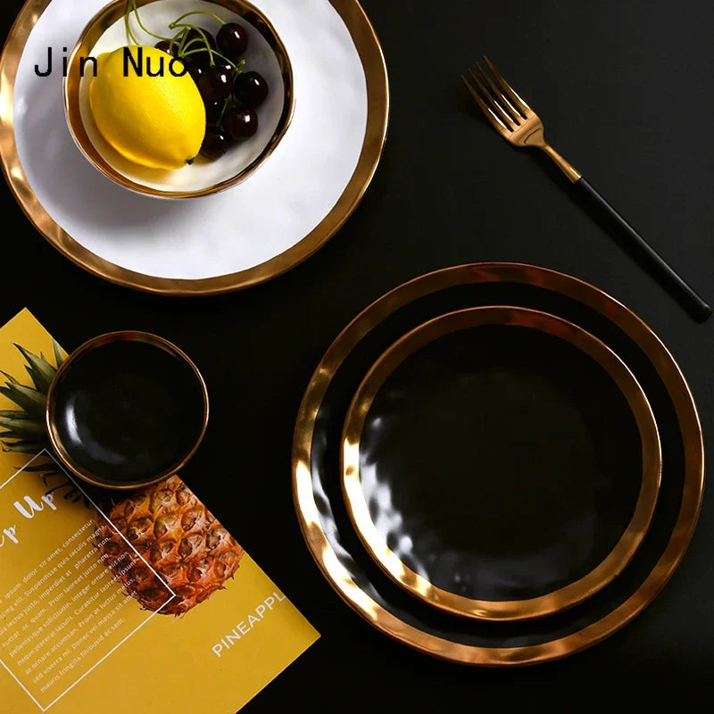 Europäischen Schwarz Gold Keramik Platte Westliche Küche Matte Goldene Hub Steak Pasta Teller Kreativität Retro Salat Gerichte
