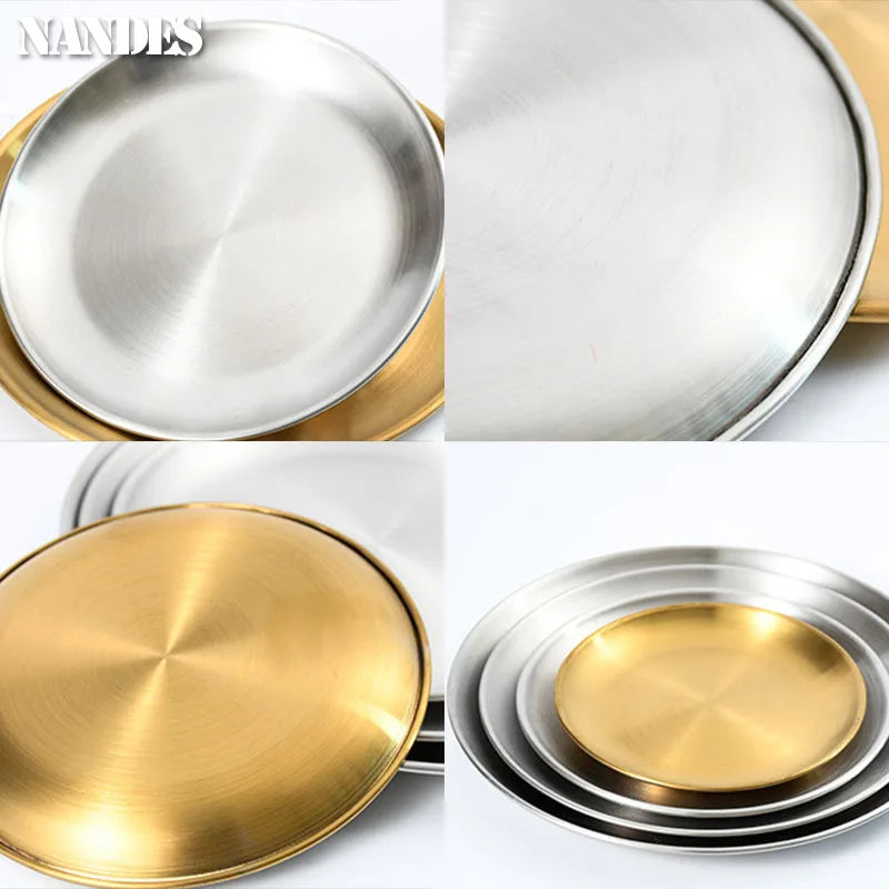 14/17/20/23/26/30CM Stainless Steel Bone Spitting Dish Gold Silver Shallow Tray Metal Dining Disc Round Plate Dessert Tableware - Erzan Home