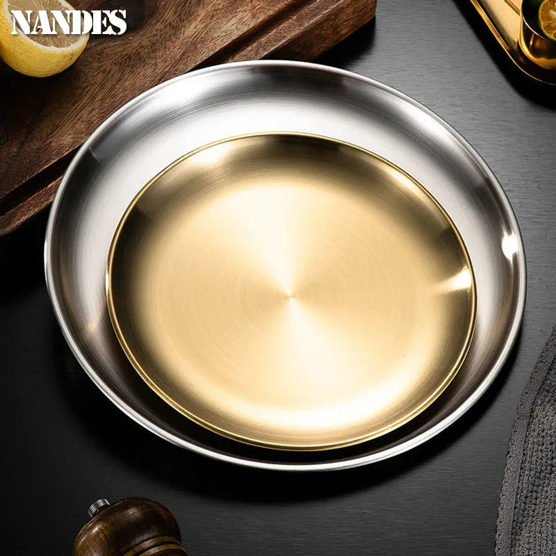 14/17/20/23/26/30CM Stainless Steel Bone Spitting Dish Gold Silver Shallow Tray Metal Dining Disc Round Plate Dessert Tableware - Erzan Home