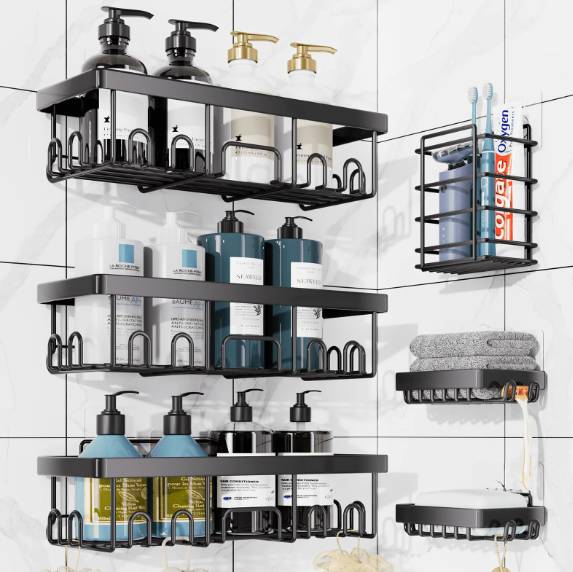 Adhesive Shower Caddy 6 Pack, Large Capacity Bathroom Organizers and Storage, No Drilling Wall-Mounted Basket, Black - Erzan Home